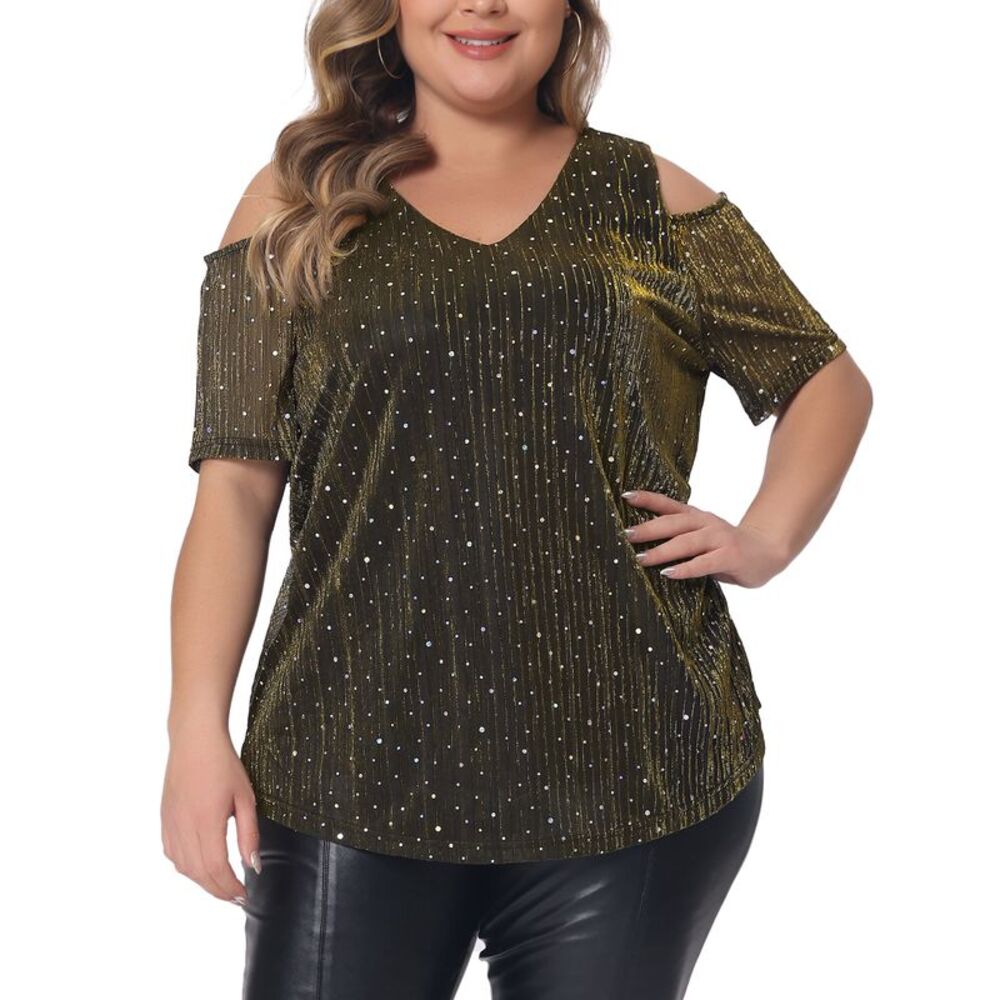 Plus Size Tops Glitter Sequin Shoulder Party Basic Blouses Tee Tops Gold